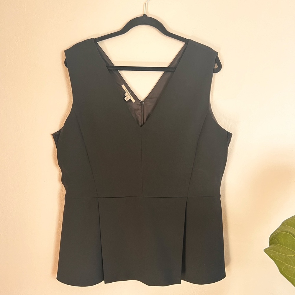 Gerard Darel Black vneck Peplum Top with lace inset under arms. Size 46 (14)